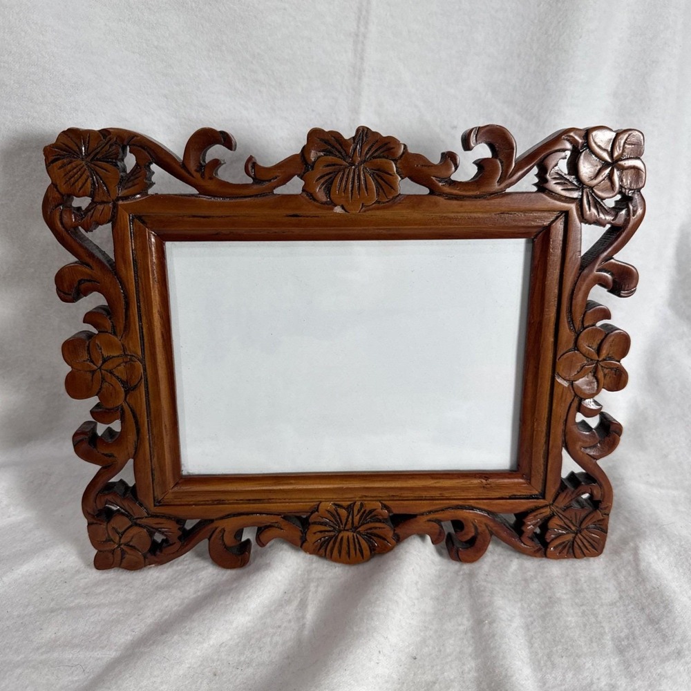 Vintage Hand Carved Wood Hawaii Photo Frame 5 X 7" Dark Wood Plumeria Hibiscus